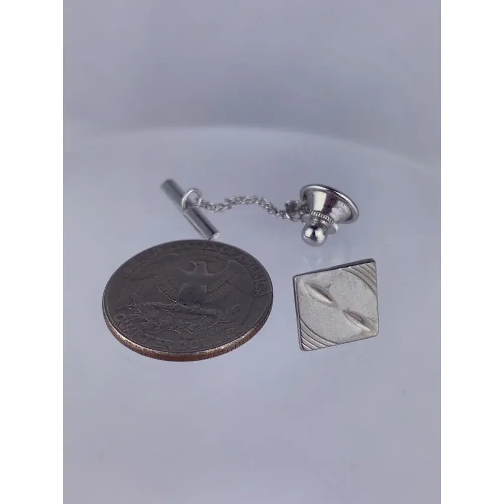 Square Modern Sterling Silver Tie Tack Pin Carved Brushed Metal Marked Vintage